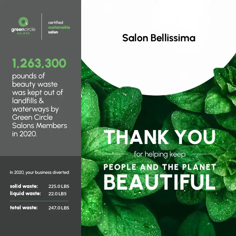 Salon Bellissima's eco-friendly impact: 1,263,300 lbs of beauty waste diverted in 2020.